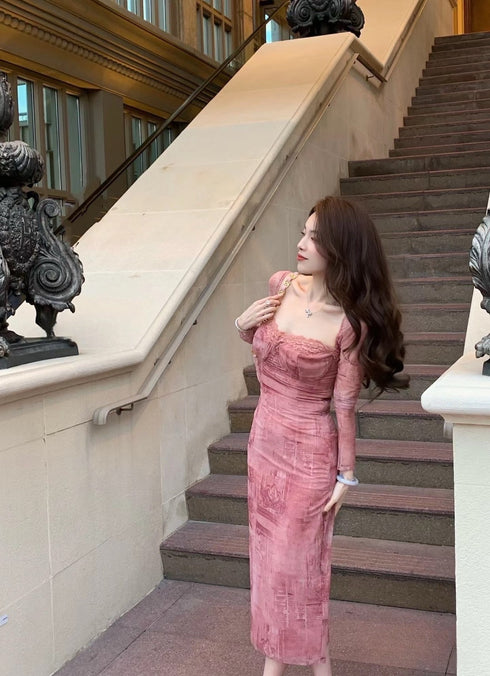 Women Deep Neckline Long Sleeves Long Dresses